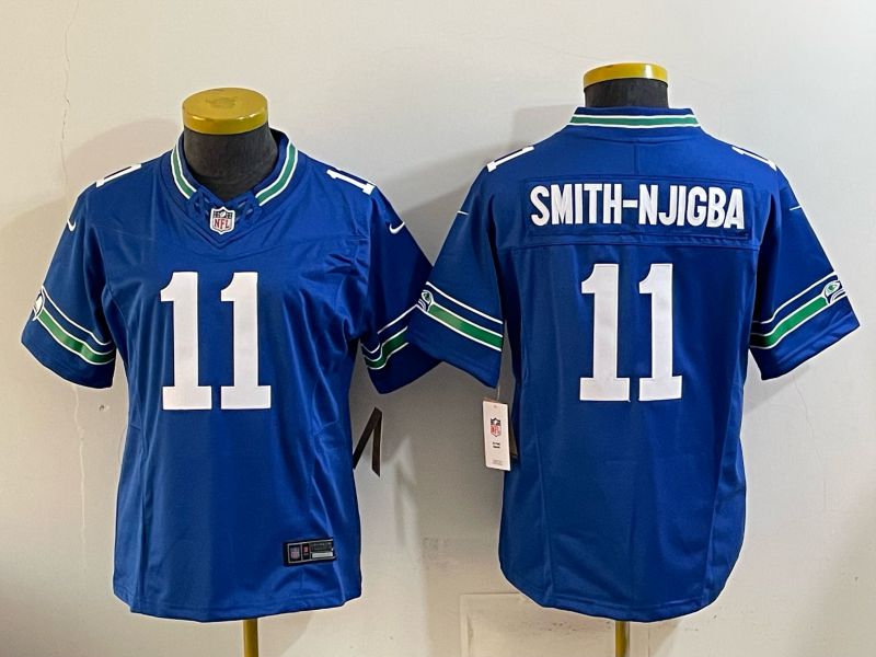 Women Seattle Seahawks #11 Smith-Njigba Blue 3th generations Throwback 2026 Nike Limited NFL Jersey style 01